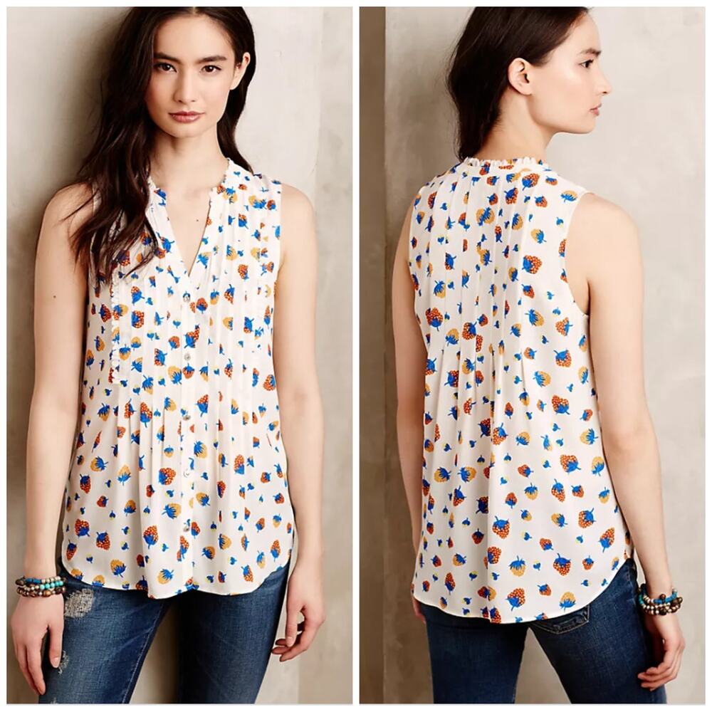 Anthropologie Maeve Fragola Ruffle Tank Strawberry Print Size 2